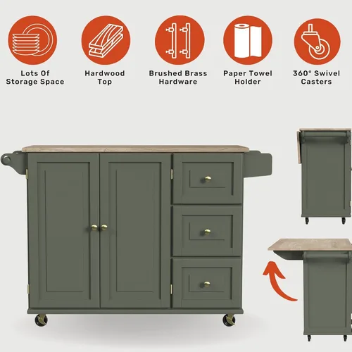 Vista 22 de Homestyles Carrito móvil de isla de cocina con parte superior de madera y barra de desayuno con hoja desplegable, 18" de profundidad x 53.5" de Verde