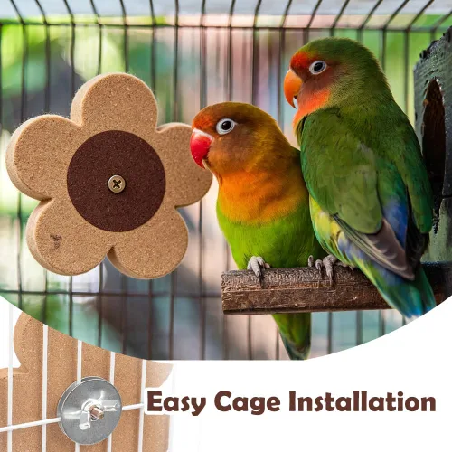 Vista 4 de Juguete masticable de corcho con forma de flor de 3 piezas con spinner, 2 piezas de repuesto, juguete de loro de madera natural para pájaros