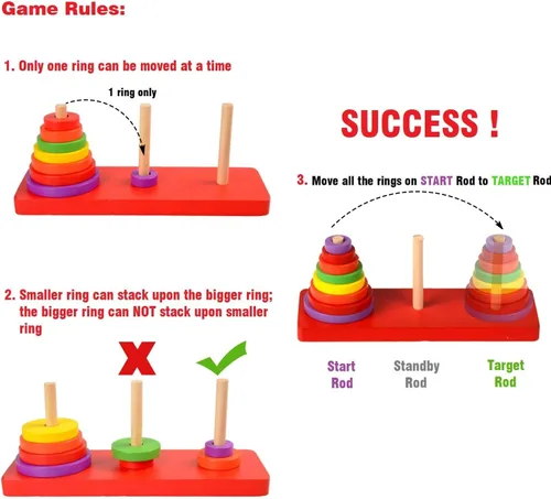 Vista 3 de Hanoi Puzzle Tower of Hanoi Rompecabezas de madera Rompecabezas de 8 anillos Hanoi Tower