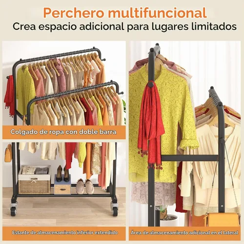 Vista 4 de Laiensia - Perchero de doble varilla con ruedas, estante para colgar ropa, 4 ganchos, estante multifuncional para dormitorio, color negro