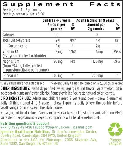 Vista 6 de Igennus - Gomitas de magnesio calmantes de alta potencia de 60 mg, L-teanina 100 mg y vitamina B6 3 mg, apoyo diario para el estrés para niños