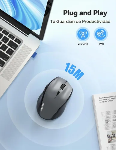 Vista 3 de TECKNET Ratón recargable, ratones silenciosos ergonómicos de 2.4 GHz con 6 Gris