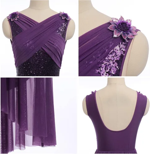 Vista 6 de AFAVOM Disfraz de baile lírico para mujer, vestido de lentejuelas con flores, falda asimétrica de tul fluida, disfraces de danza contemporánea