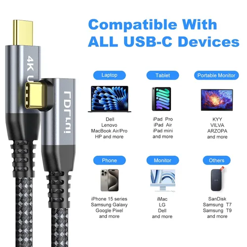Vista 9 de LDLrui Cable de monitor USB C, pantalla 4K 60HZ, ángulo recto de 1 pie, transferencia de datos de 20 Gbps, carga de 100 W, cable de video USB 3.2