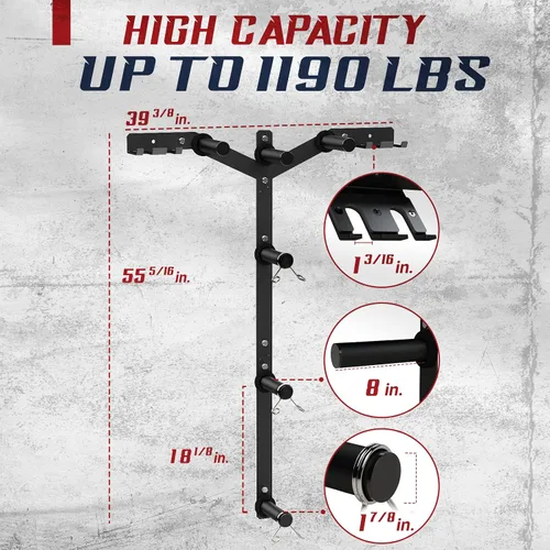Vista 2 de Yes4All 6 clavijas y 4 estantes de almacenamiento de pesas que cargan hasta 1190 libras – soporte para árbol de pesas y barra montado en la pared