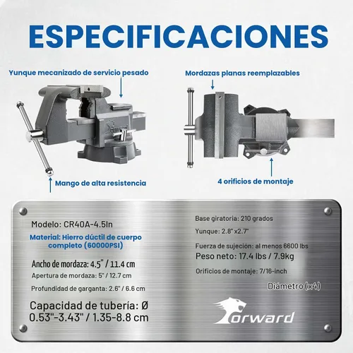 Vista 7 de Forward CR40A - Tornillo de banco de 4.5 pulgadas resistente con yunque y base giratoria de 210° 6,600LBS Clamping Force 4.5" Jaw Width, 5" Max
