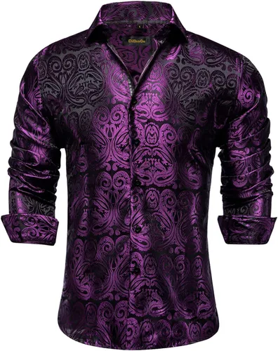 Vista 47 de DiBanGu Camisa de vestir de paisley de seda para hombre, formal, de manga larga, con cuello abotonado, camisas informales para fiesta de boda Negro