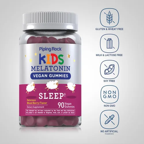 Vista 3 de Piping Rock Gomitas de melatonina para niños 1 mg 90 unidades Suplemento para niños Sabor mixto de bayas Veganas, sin OMG, sin gluten