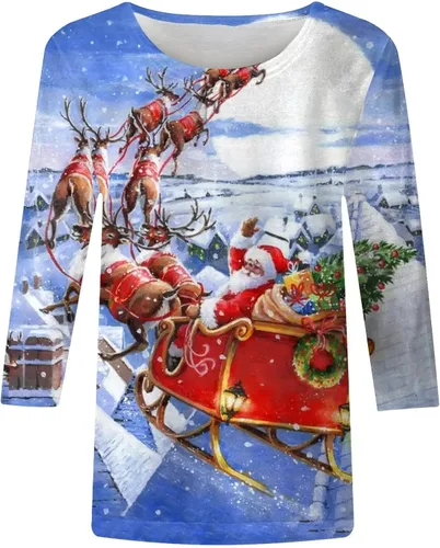 Vista 4 de Camisa casual de verano de manga 34 para mujer, diseño de pintura de paisaje, camiseta de manga tres cuartos de galón con cuello redondo