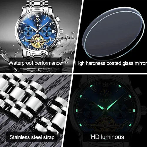 Vista 6 de OLEVS reloj mecánico automático, reloj de cuerda automático de lujo para hombre a prueba de agua, acero inoxidable.