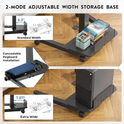 Vista 5 de BONTEC Escritorio móvil de pie de altura ajustable, carrito rodante para laptop con estante de almacenamiento, ganchos, estación de trabajo portátil