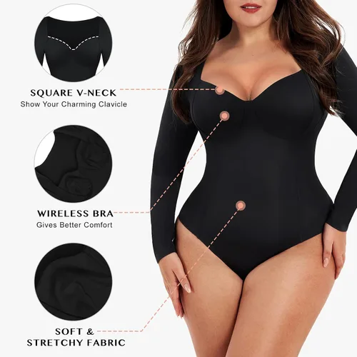 Vista 4 de FeelinGirl Seamless Long Sleeve Thong Bodysuit for Women Tummy Control Shapewear Bodysuit