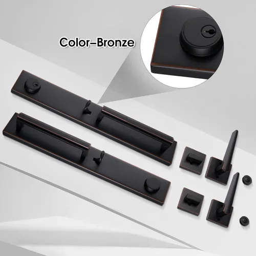 Vista 3 de NEWBANG Juego de manijas doble para puerta exterior frontal con acabado de bronce envejecido (con llave y manijas), MDHST201610B-SET-BR-1