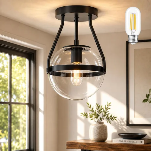Vista 14 de Bagood Lámpara de techo semiempotrada con forma de globo de mediados de siglo, moderna lámpara de techo de globo de 6" con pantalla de vidrio Negro