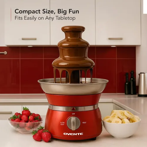 Vista 6 de OVENTE Máquina de fuente de fondue de chocolate de 3 niveles, mini calentador eléctrico de acero inoxidable para fiestas, queso derretido, licores