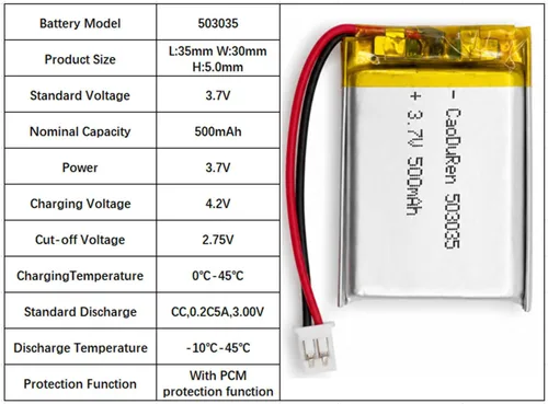 Vista 2 de Batería recargable de iones de polímero de litio Li Lipo de 3.7V con conector JST de 2 pines de 0.079 in/0.049 in (503035 500mAh 2.0Jst)