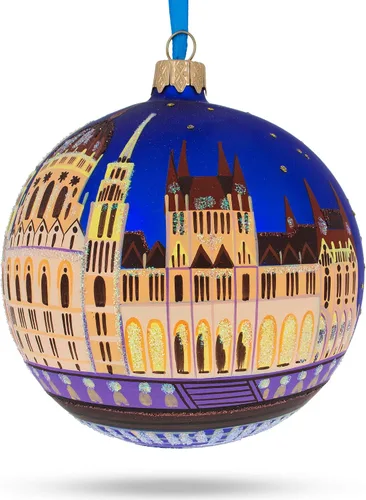 Vista 8 de Budapest Parliament - Adorno navideño de bola de cristal de Hungría, 4 pulgadas Pintado a mano en Ucrania, vidrio alemán, pinturas italianas