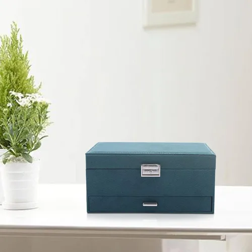 Vista 7 de Joyero con cerradura para mujer franela verde 3 capas organizador de joyas relojes collar anillo caja de almacenamiento