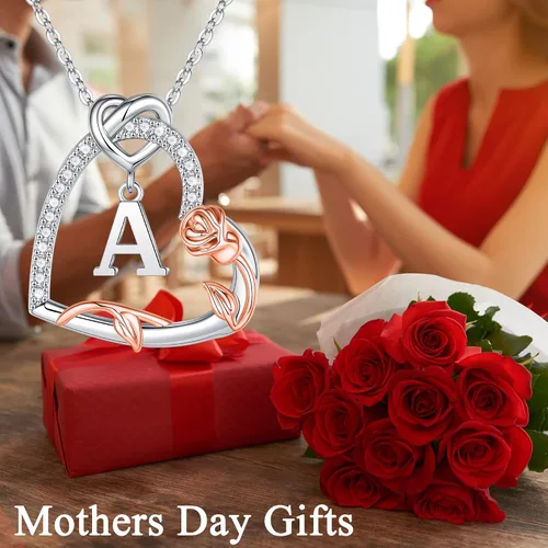 Vista 9 de Collares de plata de ley S925 con forma de corazón rosa, regalos para mujeres, collar con dije de letra inicial de corazón de circonita cúbica
