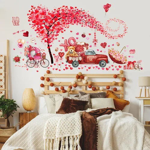 Vista 2 de 2 hojas de calcomanías de pared para el día de San Valentín, árbol de corazón, árbol rojo, camión, día de San Valentín, calcomanías de pared
