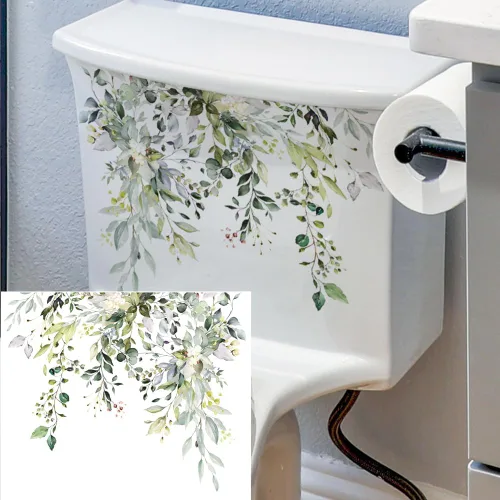 Vista 7 de 3 calcomanías de inodoro, calcomanías autoadhesivas para tapa de inodoro, calcomanía de pared de baño, cubierta de inodoro, plantas verdes, hojas