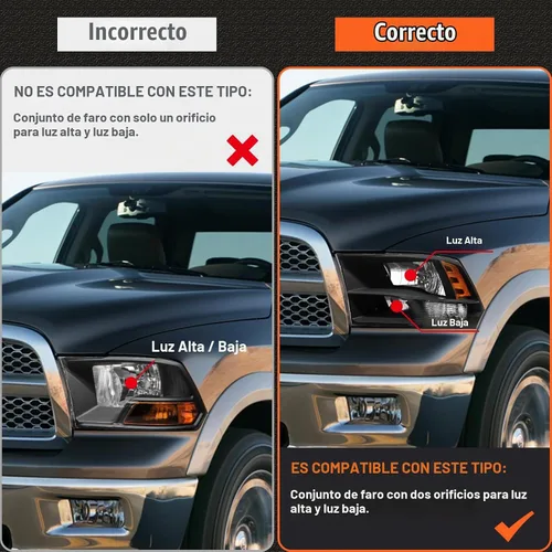 Vista 2 de Juego de faros delanteros 2009-2018 Dodge Ram 1500, 2010-2018 Dodge Ram 2500/3500 estilo cuádruple y doble con carcasa negra y reflector ámbar