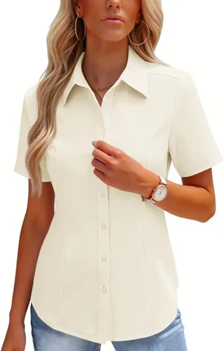 Vista 11 de HOTOUCH Camisas con botones para mujer, manga corta, elástica, sin arrugas, blusas formales de trabajo, blusas de verano, tallas S-2XL