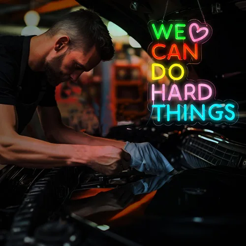 Vista 2 de Letrero de neón con texto en inglés «We Can Do Hard Things» para decoración de pared, arte de pared para niños, positivo para aula, regulable