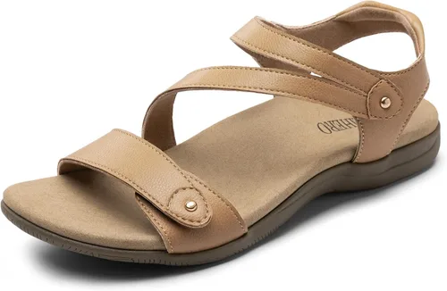 Vista 8 de Rihero Sandalias ortopédicas para mujer, con soporte de arco, cómodas sandalias planas con correa ajustable para caminar en la playa en verano