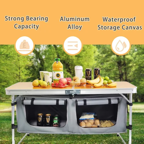 Vista 3 de CampLand - Mesa plegable de aluminio para exteriores, ligera, de altura ajustable con organizador de almacenamiento para barbacoa, fiesta, camping