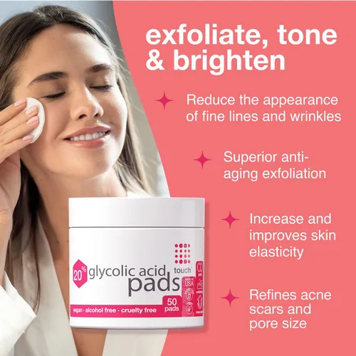 Vista 2 de TOUCH Almohadillas de ácido glicólico con 20 % exfoliantes y rejuvenecedores, toallitas faciales AHA, ideales para opacidad, poros, cicatrices