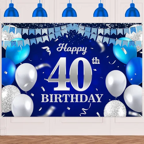 Vista 90 de Bandera de feliz primer cumpleaños con fondo azul marino, globos, confeti, bandera de rayas, luces de puntos, felicitaciones por el tema de 1 año