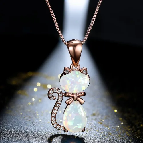 Vista 4 de Collar de gato de ópalo, plata de ley 925, collar de gato para mujer, regalo de gato para amantes de los gatos, Cobre, Ópalo sintético