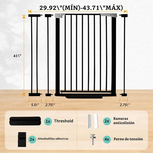 Vista 2 de Puerta para bebé de 41 pulgadas de alto, puerta para perros con cierre automático, ajustable de 29.92"-43.71" de ancho, montaje a presión, puerta
