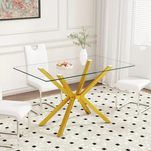 Vista 10 de Mesa de Comedor Moderna de Vidrio Templado Mesa de Cena, Mesa de Cocina Rectangular con Patas de Metal Resistentes, Diseño Minimalista