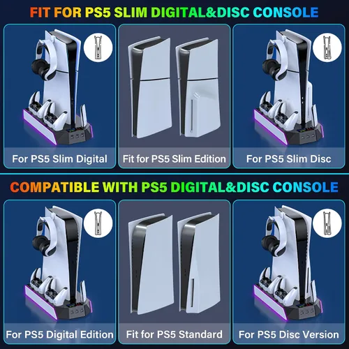 Vista 7 de PS5/PS5-Slim-Estación de refrigeración con controlador de carga para consola PlayStation 5/Digital, soporte de refrigeración de luz LED