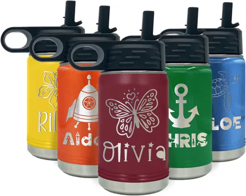 Vista 13 de Botella de agua para niños personalizada con nombre en botella de agua aislada con anillo verde mate de 12 onzas