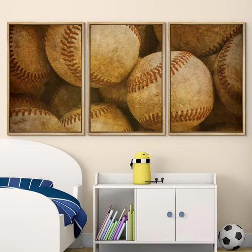 Vista 450 de wall26 Lienzo enmarcado para pared, juego de arte de primer plano, detalles de costuras de béisbol, atletas deportivos, fotografía, moderno