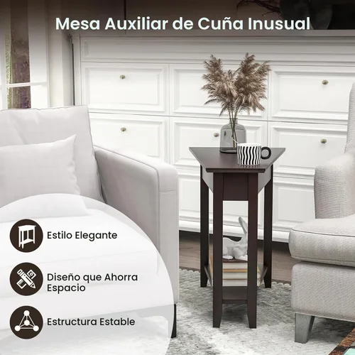 Vista 5 de GOFLAME Mesa auxiliar de cuña de 2 niveles, mesa auxiliar triangular estrecha con estante de almacenamiento, patas de madera maciza, mesita
