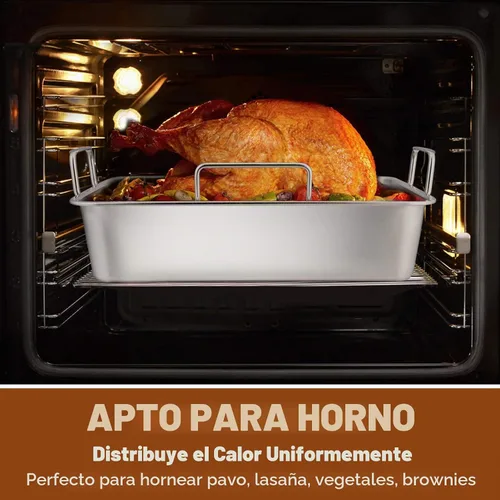 Vista 4 de P&P CHEF Bandeja Asadora de 14 pulgadas con rejilla para hornear y rejilla en forma de V, bandeja rectangular de acero inoxidable para lasaña