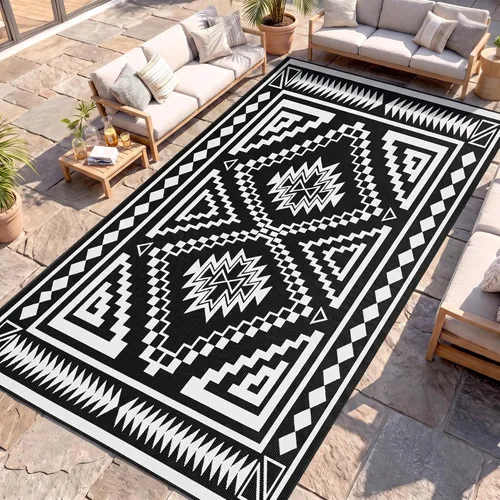 Vista 38 de Outsunny Alfombra de exterior para patio impermeable 9' x 18' rombo negro y Borde rombo negro y gris