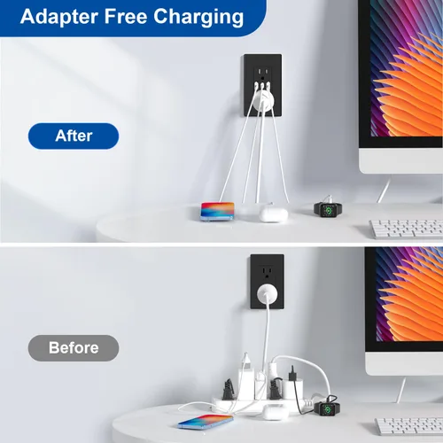 Vista 6 de ELEGRP Tomacorrientes de pared USB, Receptáculos de tomacorrientes de pared USB C de 3 puertos, tomacorrientes negro mate de 15 amperios con 3
