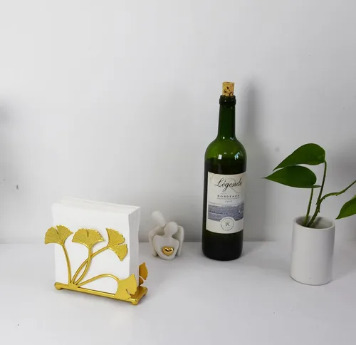 Vista 4 de Owlgift Servilletero moderno de hoja de ginkgo dorado pintado – Servilletero de papel decorativo de hierro de primera calidad de 6.7 pulgadas