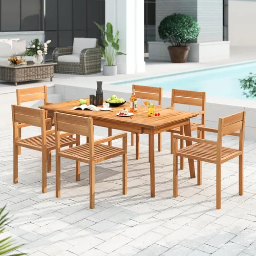 Vista 5 de HAPPYGRILL Silla de comedor de madera de teca, sillón de muebles de madera para exteriores con asiento y respaldo de listones, para patio trasero