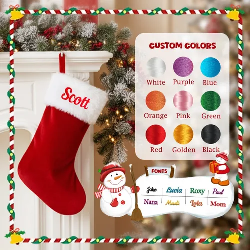 Vista 3 de Medias de Navidad personalizadas, medias de Navidad con nombre personalizado, terciopelo rojo con puño de felpa suave blanca para niños, calcetín