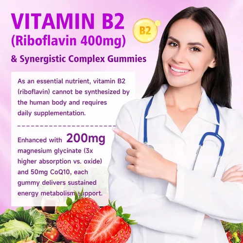 Vista 4 de Gomitas de vitamina B2, riboflavina de 400 mg con magnesio y CoQ10 y vitaminas para niños y adultos, alivio de migraña y alivio del dolor de cabeza