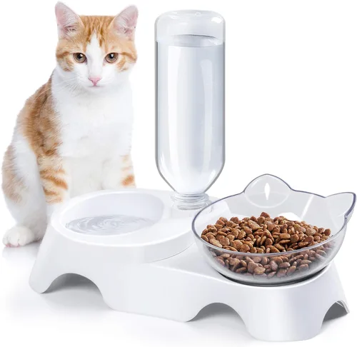 Vista 8 de MILIFUN Cuencos dobles para perros y gatos, juego de cuencos de agua y comida para mascotas, juego de cuencos inclinados de 15° para agua