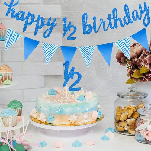Vista 7 de Skylety Decoraciones de 1/2 de mitad de cumpleaños, traje de 6 meses, pancarta de bebé, decoración de cupcakes, bandera triangular, globos de Azul