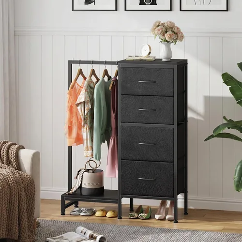 Vista 3 de HIGDBFE Cómoda alta de 44 pulgadas de alto con estante para colgar, cómoda pequeña de 4 cajones para dormitorio, cómoda de tela reversible
