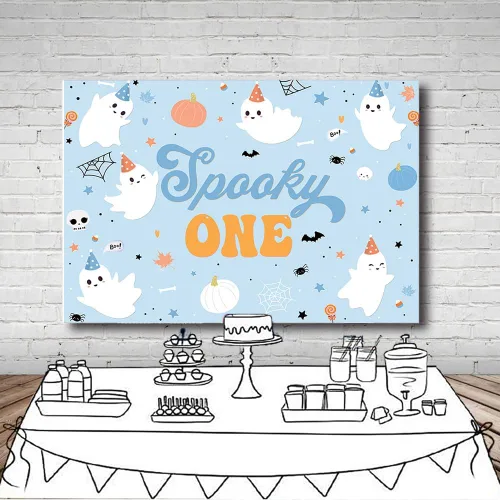 Vista 4 de MEHOFOND Telón de fondo de Halloween de 7 x 5 pies para niños, espeluznante One Happy Booday, decoración de fiesta de primer cumpleaños, suministros